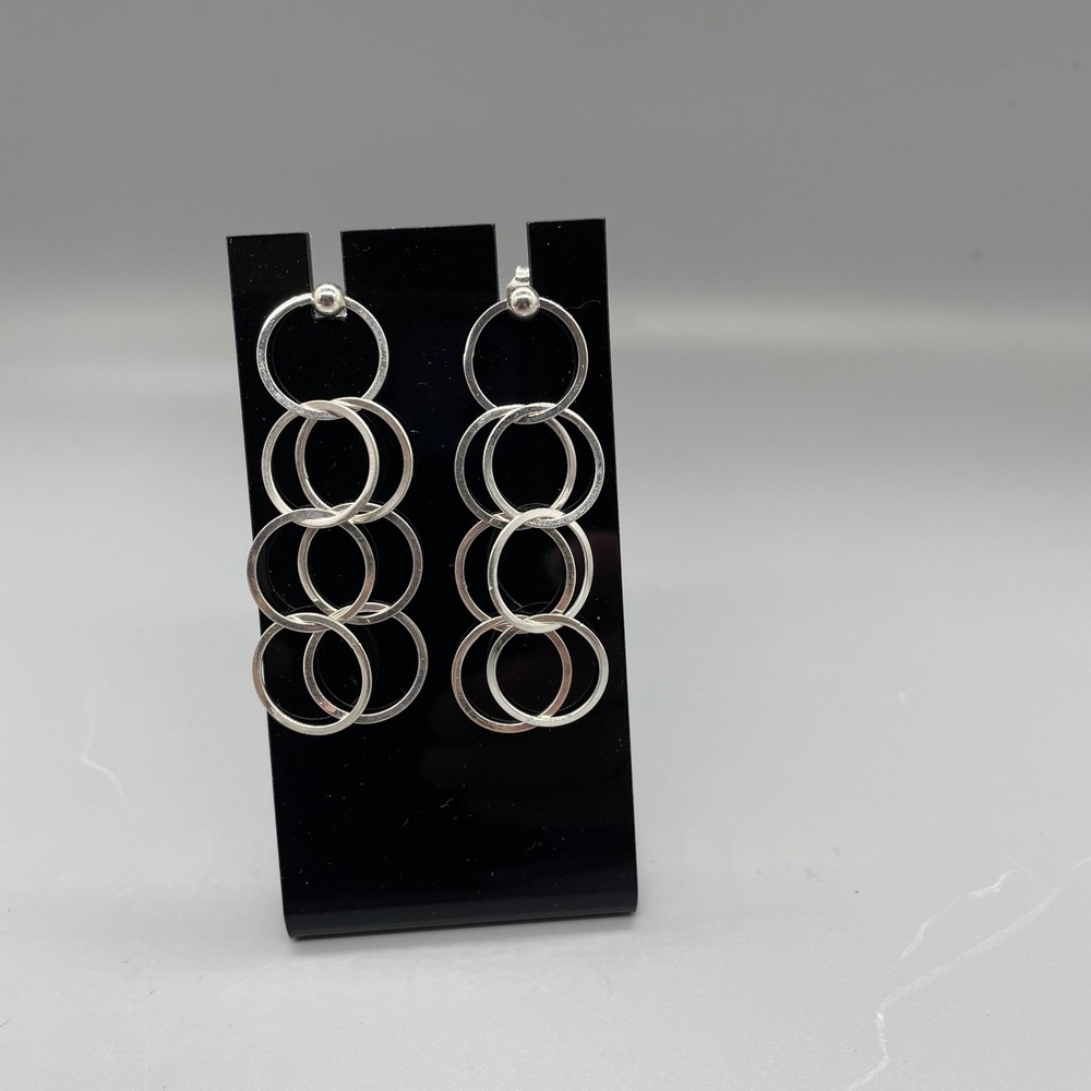 Silver tone Tiered Interlocking Ring Drop Earrings Geometric Dangle Post